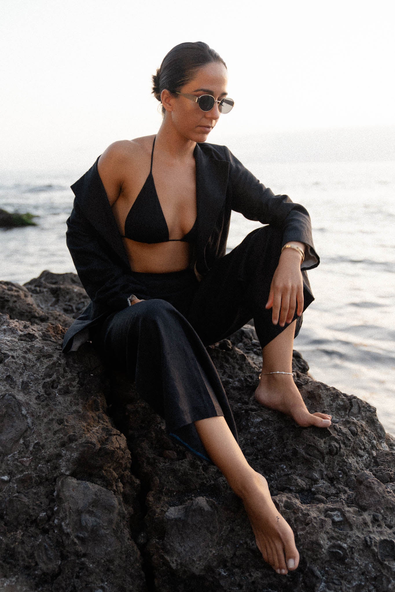 womens black hemp linen blazer beach styling