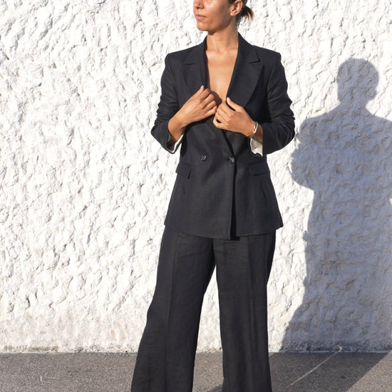womens hemp linen blazer double breasted black suit styling