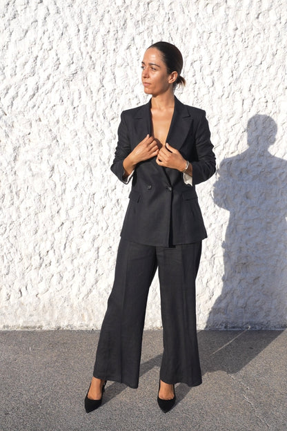 womens hemp linen blazer double breasted black suit styling