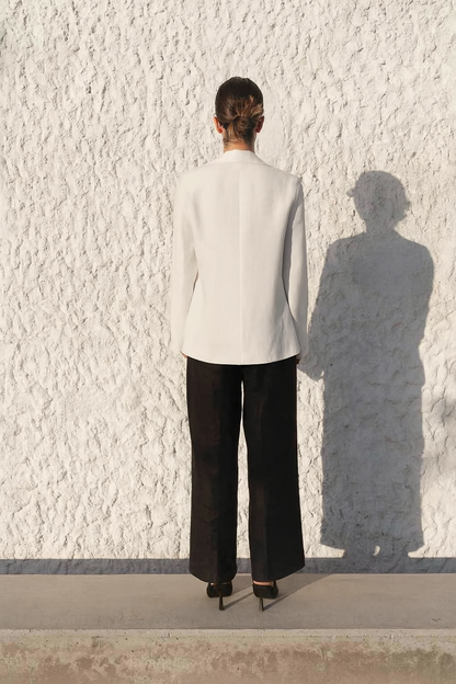 "Sandstone" White Hemp Blazer for Wide Shoulders - Single Breasted, Unlined