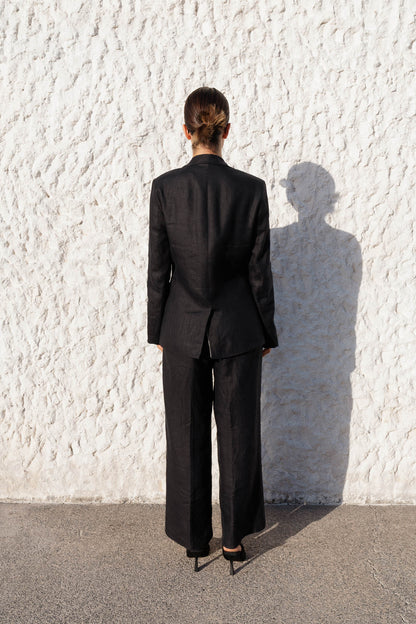womens black hemp linen blazer back view