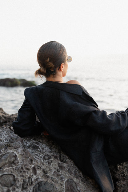 womens black hemp linen blazer beach styling off the shoulder