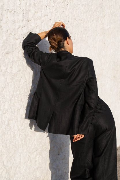 womens black hemp linen blazer double breasted back view