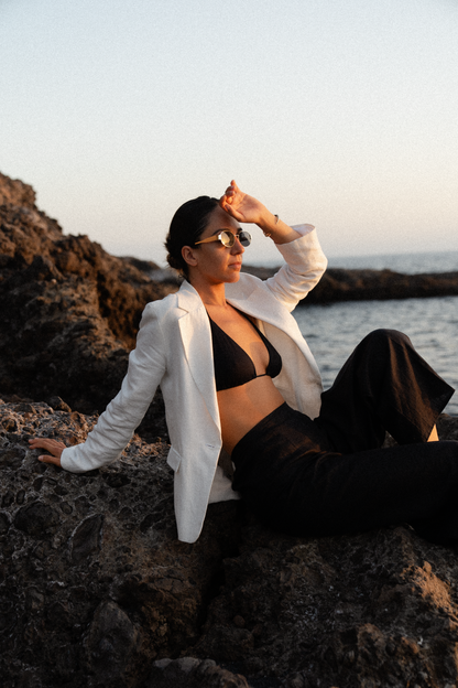 womens black hemp linen trousers styling white blazer