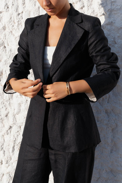 womens hemp linen blazer black lapel detail