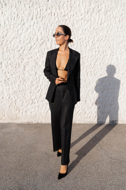 womens hemp linen blazer black unbuttoned