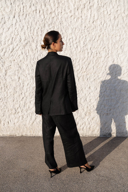 womens hemp linen blazer double breasted black oversized