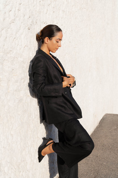 womens hemp linen blazer double breasted black side view