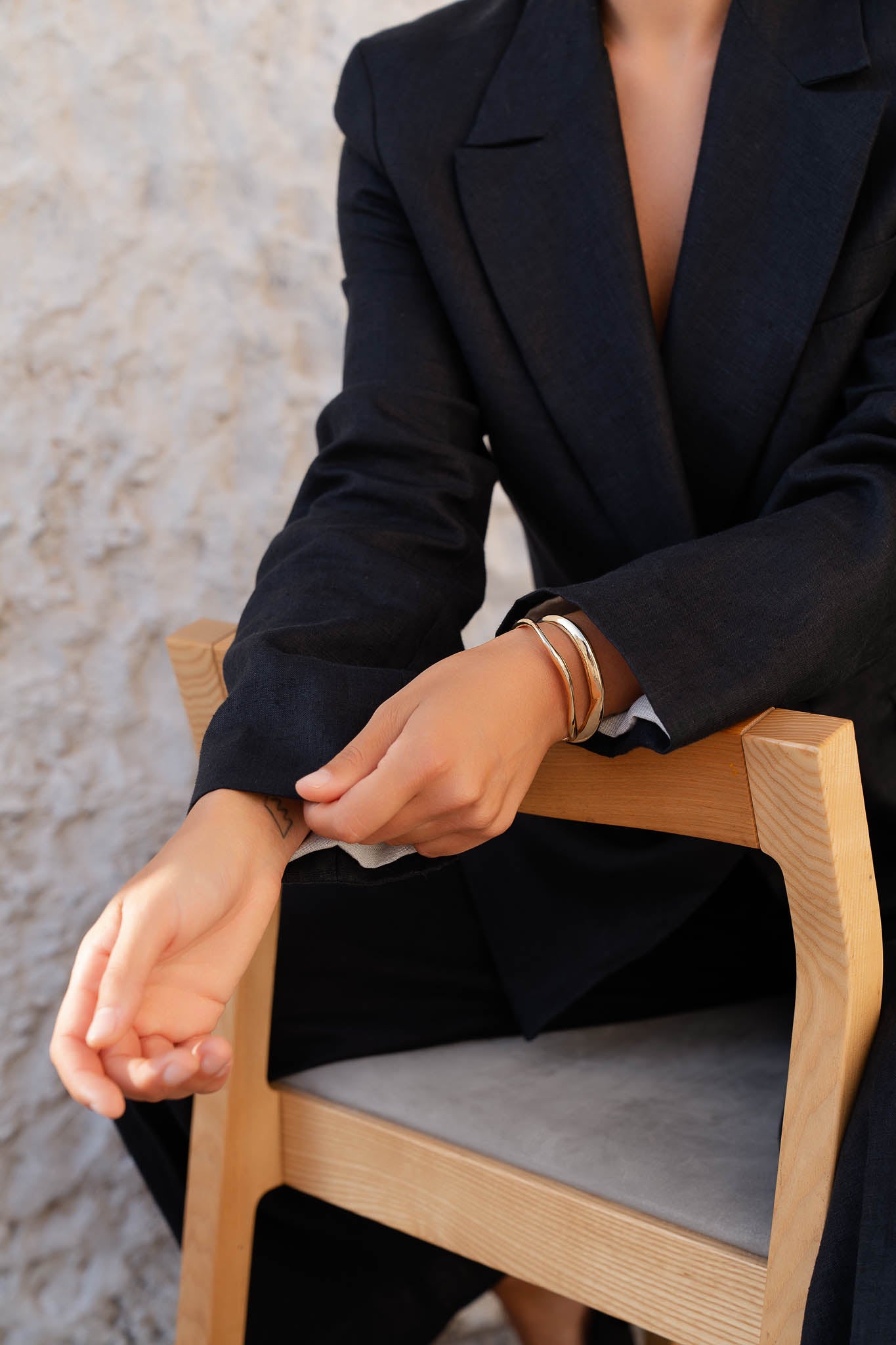 womens hemp linen blazer double breasted black sleeve detail