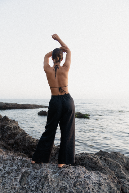 womens hemp linen trousers high waisted black elastic back