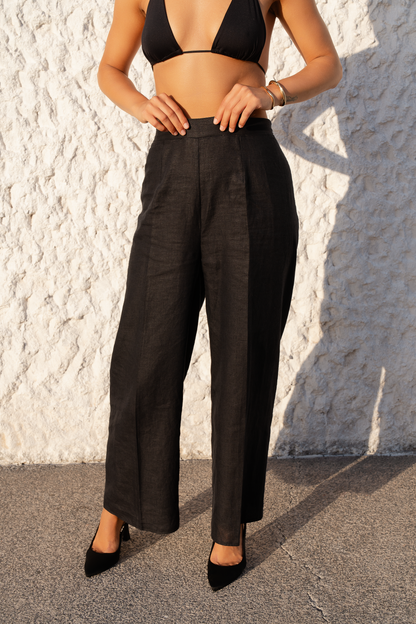 womens hemp linen trousers high waisted black front crease