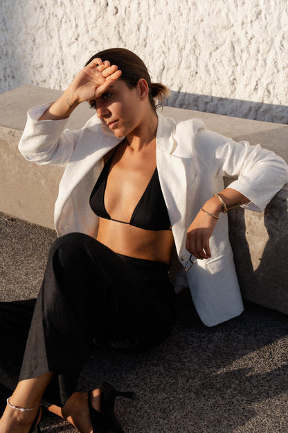 womens white hemp linen blazer styling black trousers